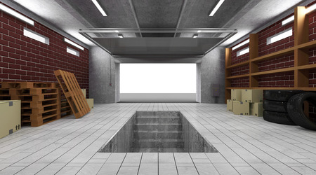 Garage 3D Interior with Opened Roller Doorの写真素材