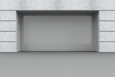Front View of a Garage 3D Interior with Closed Roller Doorの写真素材