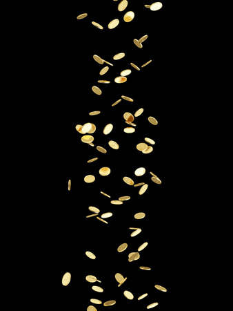 Falling Golden Coins Isolated on black backgroundの写真素材