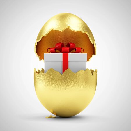Happy Easter Concept. Big Broken Golden Egg with Gift Box Inside on gradient backgroundの写真素材