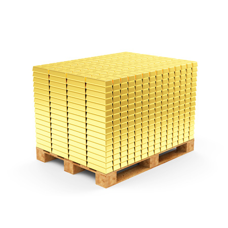 Business, Financial, Bank Gold Reserves Concept. Stack of Golden Bars on a Wooden Pallet isolated on white backgroundの写真素材