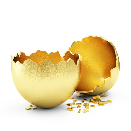 Success Symbol or Happy Easter Concept. Empty Broken Big Golden Egg isolated on white backgroundの写真素材