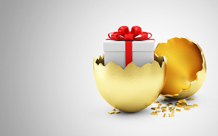 Happy Easter Concept. Big Broken Golden Egg with Gift Box Inside on gradient background with place for Your textの写真素材