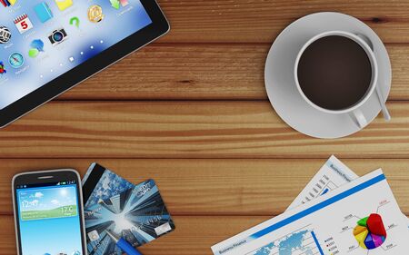 Top View of Modern Workplace with Group of Office Equipment and Accessories: Tablet PC Smart Phone...