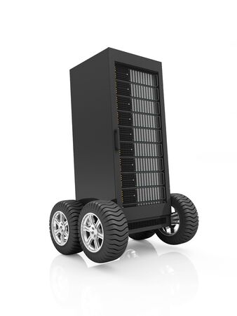 Highspeed Server Concept. Cloud Computing Storage Information Concept. Modern Server Rack on Wheels isolated on white backgroundの写真素材