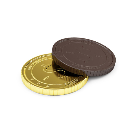 Business Financial and Sweet Candy Food Concept. Golden Coin with Chocolate Coin Isolated on white backgroundの写真素材