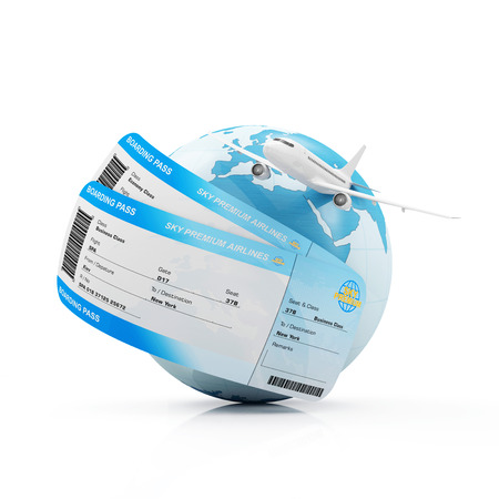 Air Travel Concept. Earth Globe with Airline Boarding Pass Tickets and Flying Passenger Airplane isolated on white background. Elements of this image furnished by NASAの写真素材
