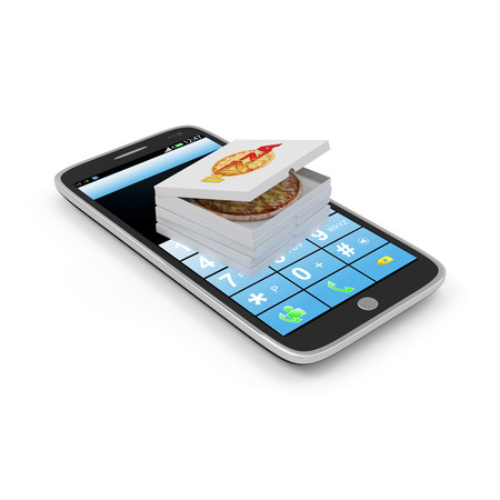 Order Pizza via Smart Phone Application Concept or Delivery Hot and Fresh Pizza Concept. Stack of Pizza Boxes on Touchscreen Smart Phone isolated on white backgroundの写真素材