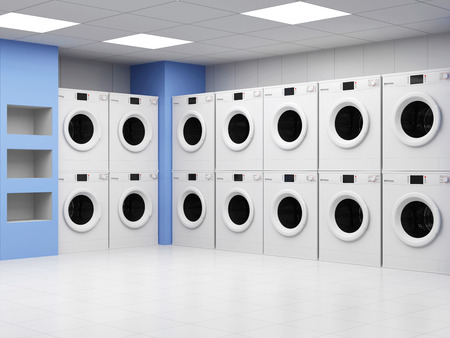 Modern Laundry 3D Interior with Washing Machines and Seats. 3D Renderingの写真素材