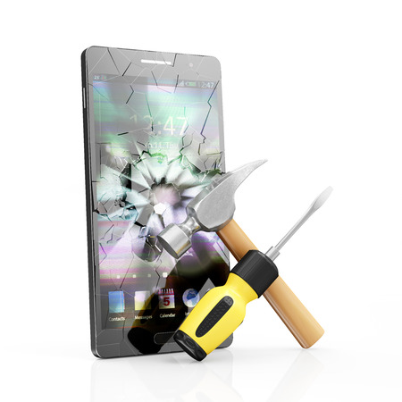 Mobile Service and Repair Concept. Modern Black Touchscreen Smart Phone with Broken Screen and Repair Symbol: Screwdriver with a Claw Hammer isolated on white backgroundの写真素材