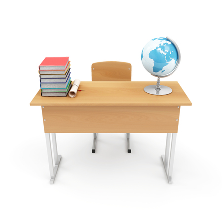 Education Concept. School Desk with School Attributes: Desk Globe, Graduation Cap, Diploma and Books isolated on a white background. 3D Renderingの写真素材