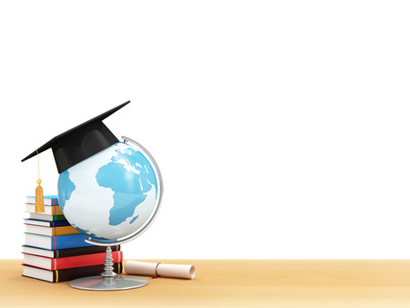 Education Concept. Desk Globe with Graduation Cap, Diploma and Books on a School Desk isolated on white background (Elements of this image furnished by NASA)の写真素材