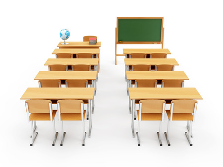 Education Concept. Classroom Interior with Portable Green Chalkboard isolated on a white background. 3D Renderingの写真素材