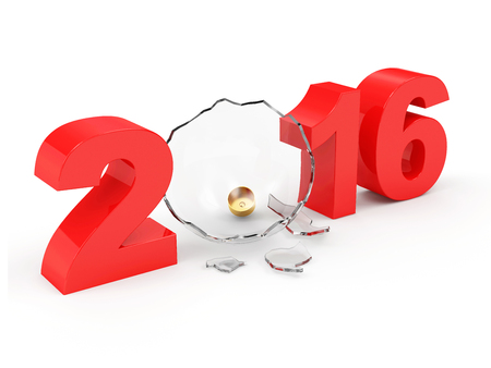 New Year 2016 Concept. Red 2016 Sign with Empty Broken Glass Christmas Ball isolated on white...