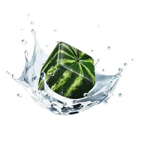 Cube Watermelon Falling into Water Splash isolated on white backgroundの写真素材