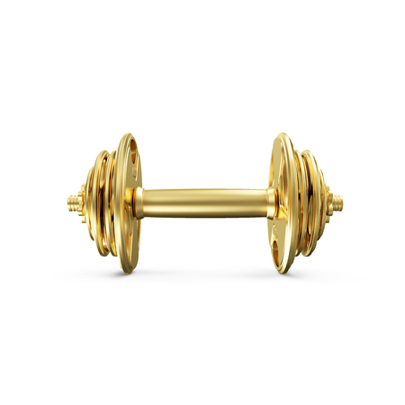 Golden Dumbbell isolated on white background. Concept of Success. Sport and Recreation Concept.の写真素材