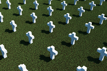 Top View of Crosses in Cemetery Memorial on Green Fieldの写真素材