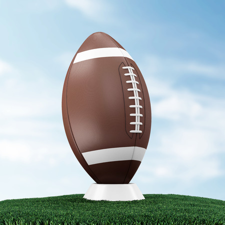 Close-up of Rugby Ball Standing on Green Grass. Sport and Recreation Conceptの写真素材