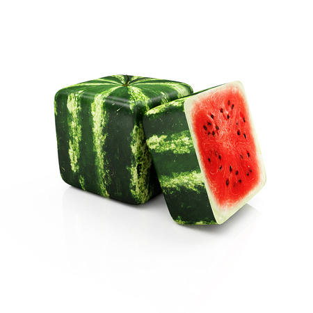 Sliced Cube Watermelon isolated on white backgroundの写真素材