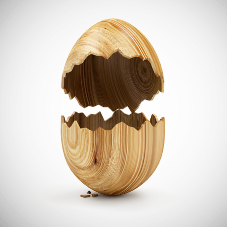 Happy Easter Concept. Empty Broken Big Wooden Egg on gradient background. 3D Renderingの写真素材
