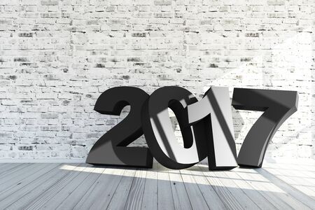 Merry Christmas and New Year 2017 Concept. Modern Empty Room 3D Interior with 2017  near the Brick...