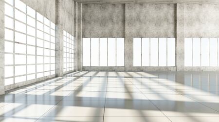 Modern Empty Storehouse Interior with Large Windows. 3D Rendering