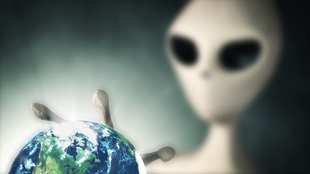 Alien holding Earth Planet in the Hand. Selective Focus. 3D Rendering. (Elements of this image...