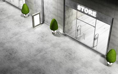 Street with Modern Empty Stores Front with Big Windows at Night. 3D Renderingの写真素材