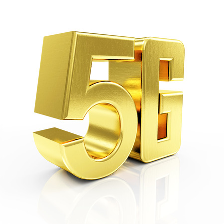 Golden 5G Symbol of Standard Wireless Communication isolated on white reflective backgroundの写真素材