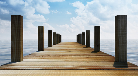 View on the middle of Wooden Pier in the Sea. 3D Renderingの写真素材