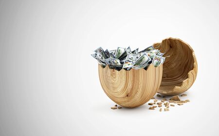 Broken Big Wooden Egg with Heap of Dollar Bills Inside on gradient background with place for Your text. 3D Renderingの写真素材