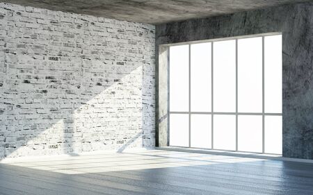 Modern Empty Loft Grunge Room 3D Interior with Large Windows and Sunlight. 3D Rendering.の写真素材