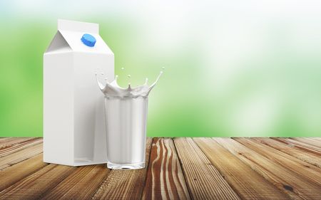 White Blank Package and Glass of Milk with Pouring Splash on Vintage Wooden Table with Blurred Backgound behind and place for Your Text. 3D Renderingの写真素材
