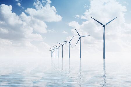 View of the Modern Wind Farm in the middle of the Beautiful Ocean Scenery. 3D Renderingの写真素材
