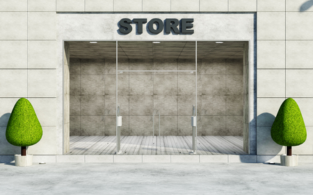 Modern Empty Store Front with Big Windows in the Street at Day Light. 3D Renderingの写真素材