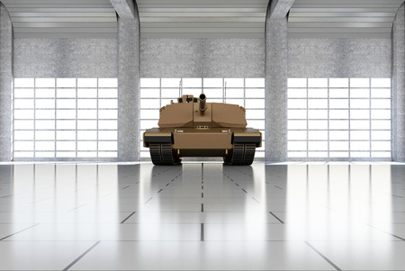 Heavy Military Tank in Modern Hangar with Large Windows. 3D Renderingの写真素材