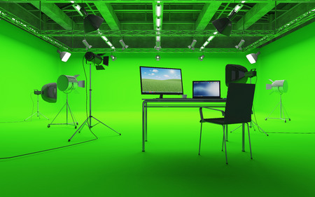 Large Pavilion Interior of Modern Film Studio with Green Screen and Light Equipment. 3D Renderingの写真素材