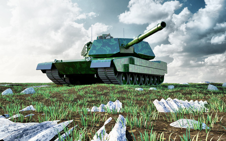 Heavy Military Tank in Battlefield Landscape. 3D Rendering