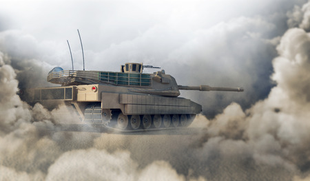 Heavy Military Tank in Desert. 3D Rendering. (Focus on the Tank)