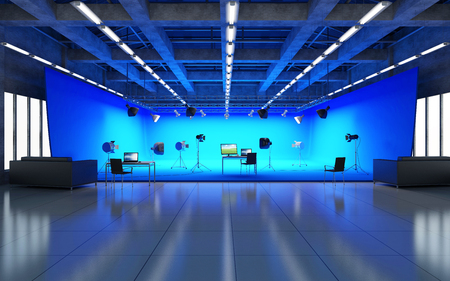 Large Pavilion Interior of Modern Film Studio with Blue Screen and Light Equipment. 3D Renderingの写真素材