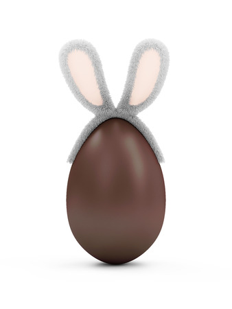 Happy Easter Concept. Big Chocolate Egg with Furry Bunny Ears isolated on white backgroundの写真素材