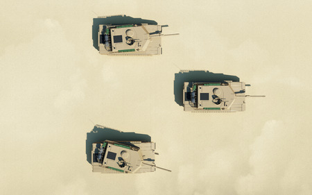 Top View on Group of Heavy Military Tanks Movin in Desert Landscape. 3D Renderingの写真素材