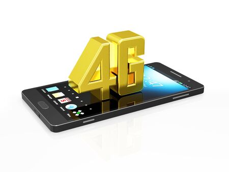 Modern Black Touchscreen Smart Phone with Golden 4G Symbol of Standard Wireless Communication isolated on white backgroundの写真素材