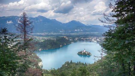 Scenic view of Church on the Island Bled in the Julian Alps in Slovenia