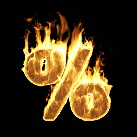 Percentage Sign and Symbol in Fire Flame on black background. Big Sale Concept. 3D Renderingの写真素材