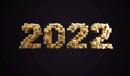 2022 New Year Symbol made from golden cubesの写真素材
