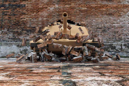 3D Render of a Military Tank in the Ruins of a Brick Wallの写真素材