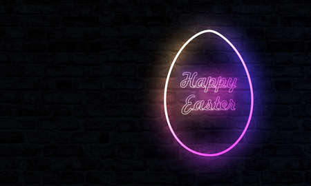 Happy Easter neon light sign on a brick wall. 3D Renderingの写真素材