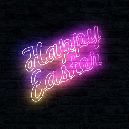 Happy Easter neon lettering on brick wall background. Vector illustration.の写真素材