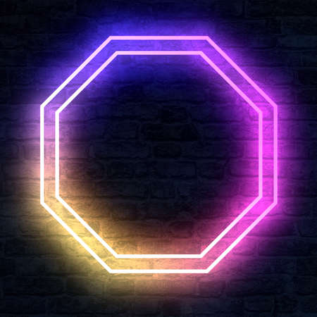 Empty Octagon Neon Sign on brick wall with illumination. 3D Renderingの写真素材